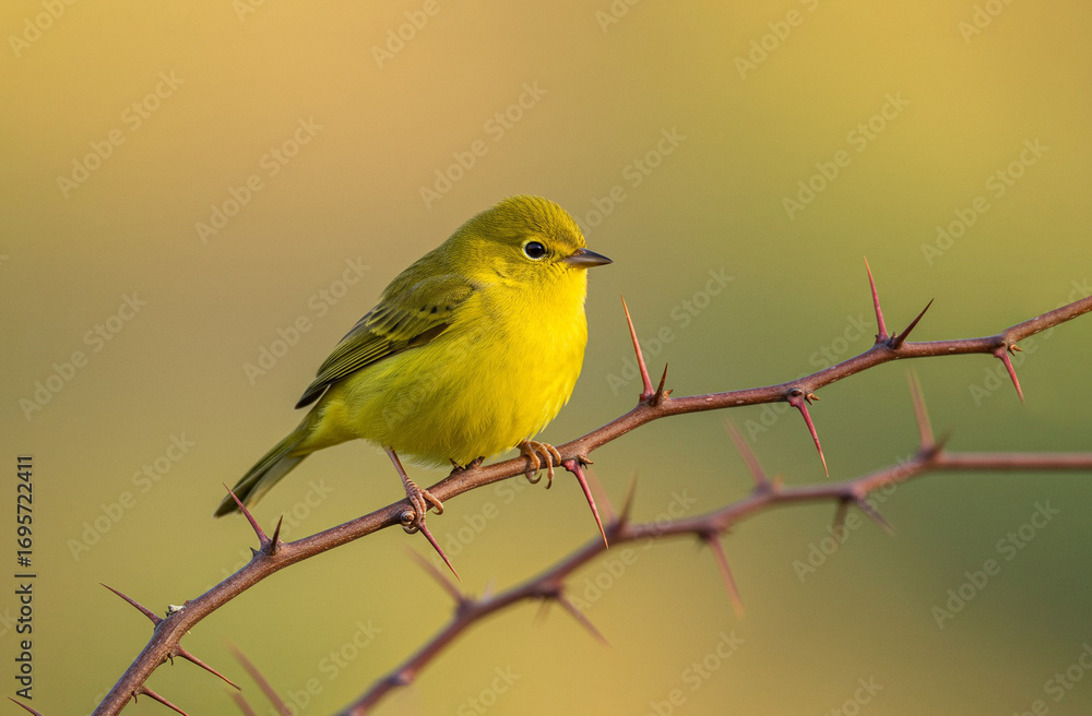 Obraz premium Yellow warbler shrike on branch close-up view ai generated image 