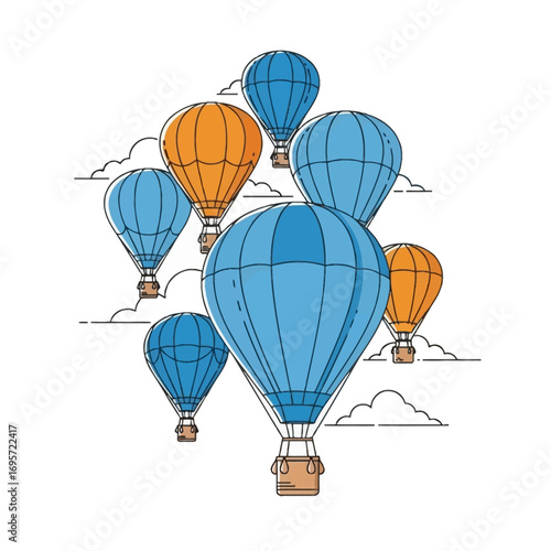 Illustration of multiple hot air balloons floating in the sky with clouds.