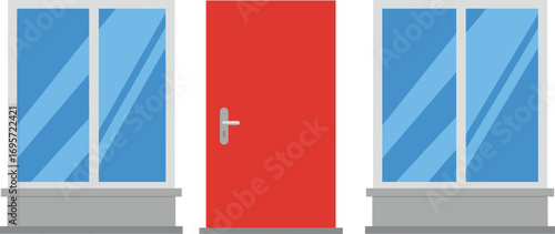 a red door flanked by two blue windows symmetrically arranged