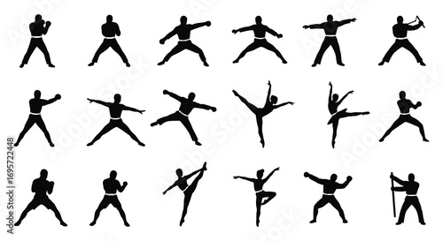 various martial arts poses demonstrated by silhouetted figures