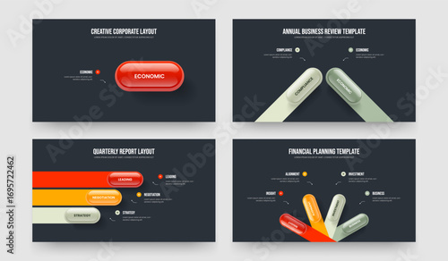 Modern Innovation 1 2 3 4 Step Diagram Slideshow Design Collection. Market Performance One Two Three Four Element Infographic Slide Layout Vector Illustration Set.