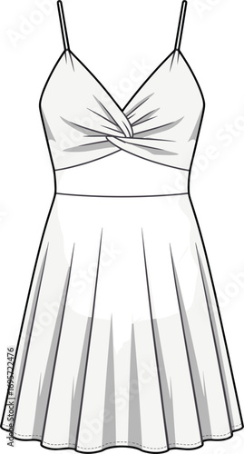 White spaghetti strap mini dress with twisted bodice and pleated skirt Keywords: dress, fashion, clothing, apparel, garment