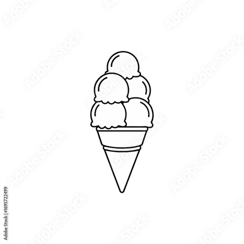 Black and white line art illustration of a stacked ice cream cone with multiple scoops.