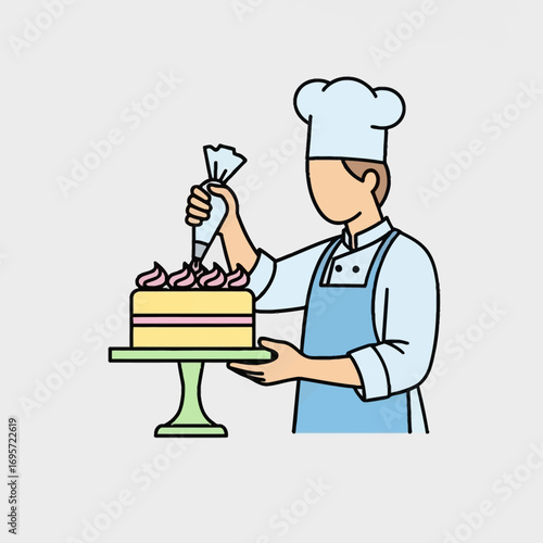 A baker in a chef's hat and apron decorates a cake with frosting.