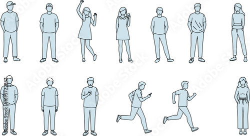 People walking, running, standing, casual lifestyle, modern character, male female figures, outline drawing, urban fashion, vector silhouette, cad drawing flat vector illustration