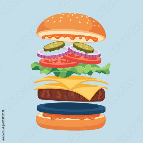 An exploded view of a delicious hamburger, showcasing all the individual ingredients in a layered arrangement.
