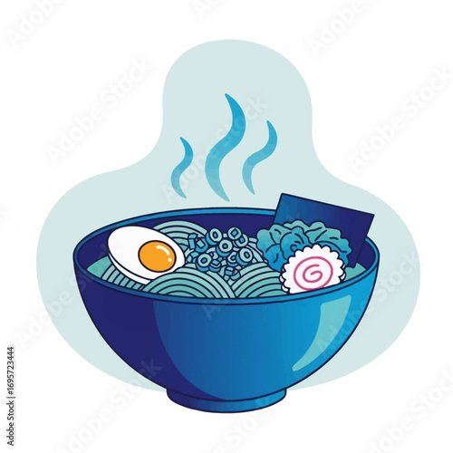 Illustration of a vibrant bowl of ramen, featuring noodles, egg, and seaweed, with steam rising.