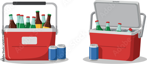 a red cooler filled with drinks and ice