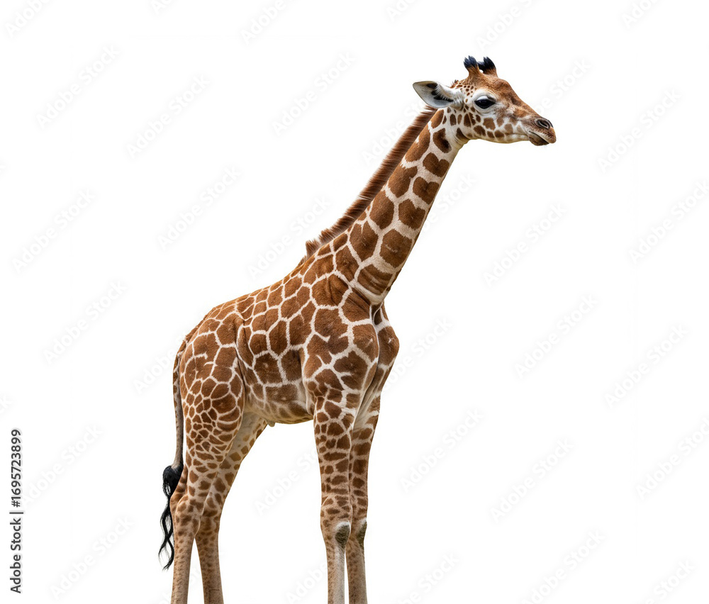 Obraz premium The tallest land animal, giraffes are famous for their long necks and legs .giraffe isolated on white background. ai generated image 