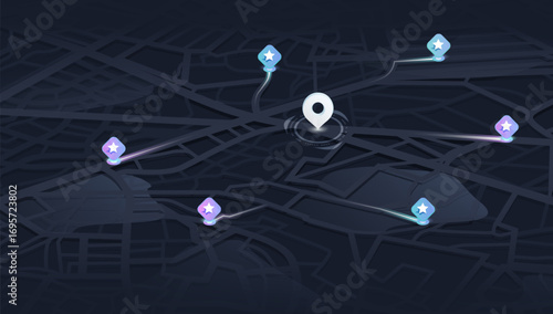 GPS tracking system to navigate around the city marks. Abstract city map with background and location icons marking various points of interest. Vector illustration