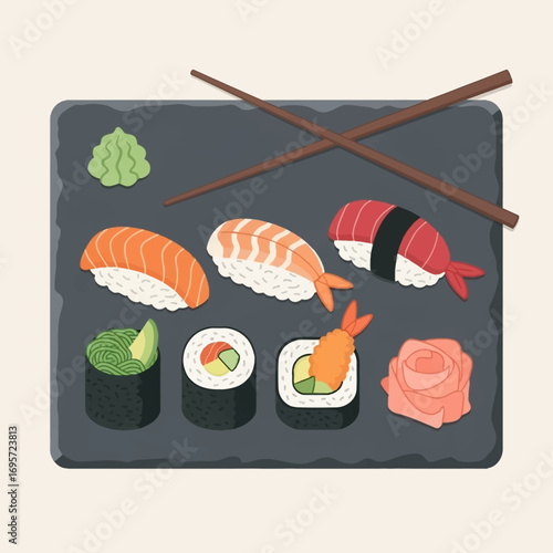 Sushi platter with various types of nigiri and maki rolls, chopsticks, wasabi, and ginger.