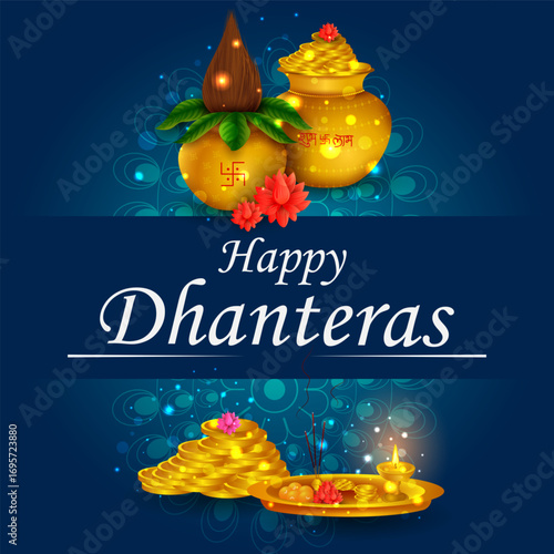 Gold Kalash with decorated diya for Happy Dhanteras Diwali festival holiday celebration of India greeting background