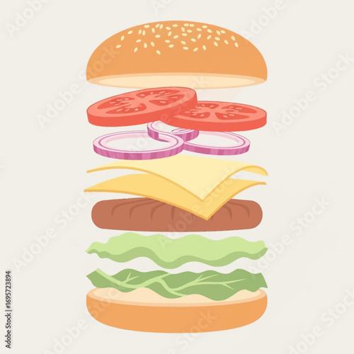 An exploded view of a delicious burger with various ingredients, ready to be assembled.