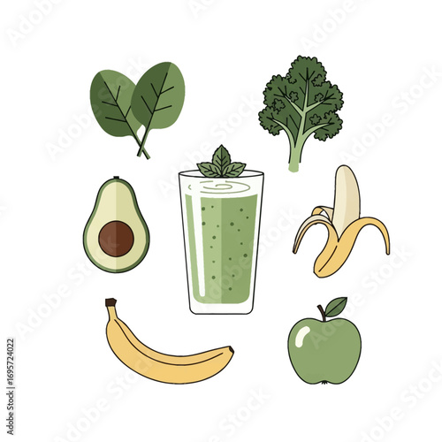 Illustration of a green smoothie with ingredients like spinach, kale, avocado, banana, and apple.
