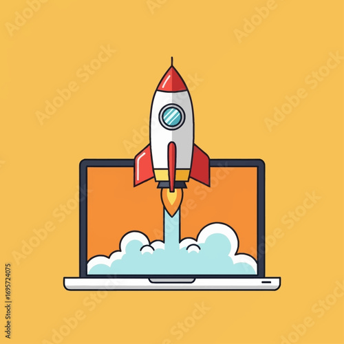 A cartoon illustration of a rocket ship launching from a laptop screen, symbolizing innovation.
