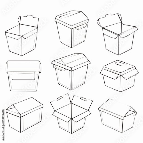 Cardboard food boxes outline set. Takeaway containers. Paper and plastic takeaway containers set. Empty snack packaging.