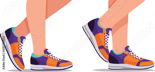 colorful sneakers worn by legs standing side by side