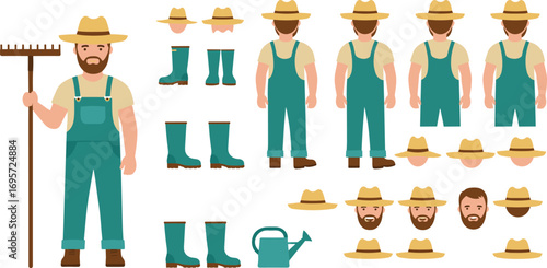 Farmer character set with hat, boots, beard, gardening tools, rural agriculture worker poses, cad drawing flat vector illustrationMobile