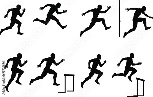 Silhouette athlete running and jumping over hurdle in motion sequence, track and field training, sports biomechanics vector illustration se