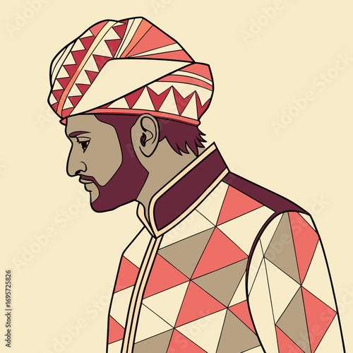 Illustration of a man wearing a turban and traditional indian clothing