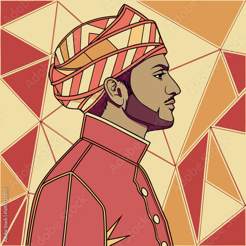Illustration of a man with turban in traditional indian dress and geometric background