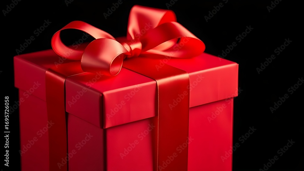 Obraz premium A red gift box with a satin ribbon bow, close-up shot against a dark background.