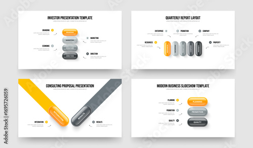 Service Insight Four Five Two Three Step Diagram Presentation Layout Vector Illustration Set. Product Overview 4 5 2 3 Option Infographic Slideshow Design Collection.