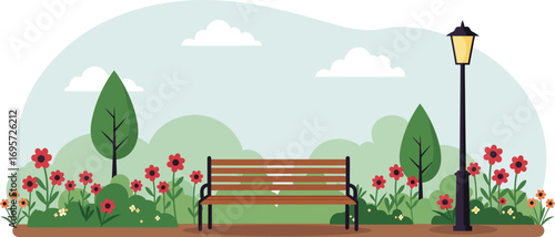 a serene park scene with bench flowers trees and lamp post