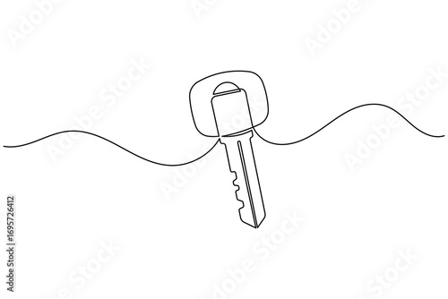 Continuous line art of a key with label icon for security and access concept