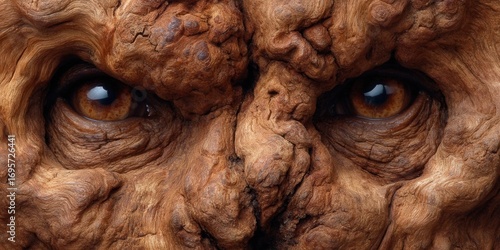 A striking close-up of a wooden face, with intense eyes, detailed and textured.