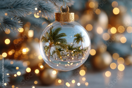 Christmas ornament reflecting tropical resort, palm trees, pool, hanging on decorated tree with blurred festive lights, symbolizing holiday warmth in exotic destination
