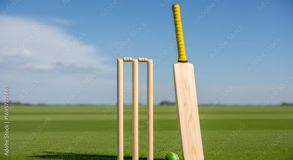 Fototapeta premium Cricket Bat and Stumps on Pitch