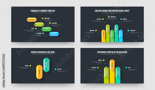 Visual Profile Four Five Two Three Option Diagram Slide Design Vector Illustration Set. Investor Launch 4 5 2 3 Element Infographic Frame Template Bundle.