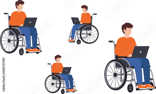 Title: Disabled man in wheelchair using laptop, working remotely, freelance work, disability inclusion, accessibility technology, healthcare support, cad drawing flat vector illustration