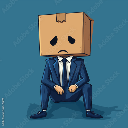 Anonymous Businessman with Cardboard Box Head Sitting Depressed in Formal Suit