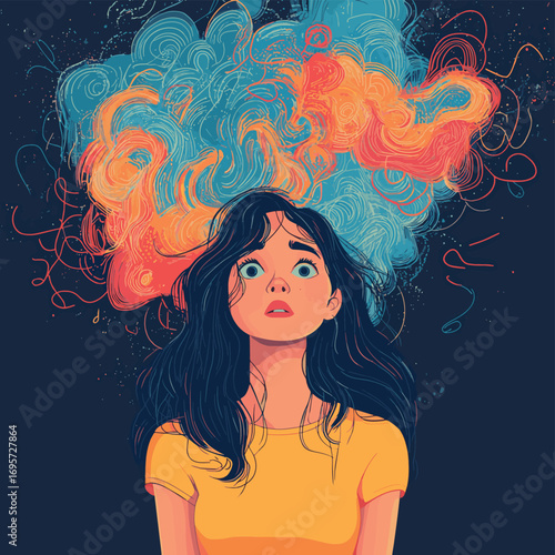 Anxious Young Woman with Tangled Thought Bubble Illustration