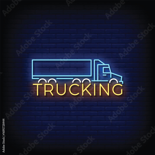 trucking icon neon signboard with brick wall background vector