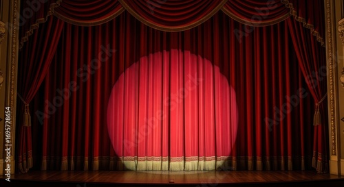 Majestic red theater curtains illuminated by a single spotlight, awaiting the performance.
