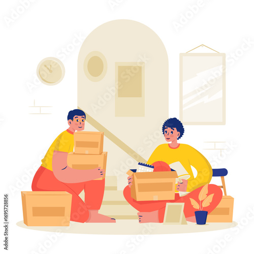 Family Preparing Packing Boxes for Moving House Vector Illustration