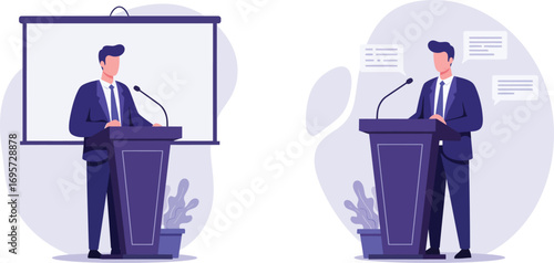 a man giving presentation at podium with microphone and flip chart