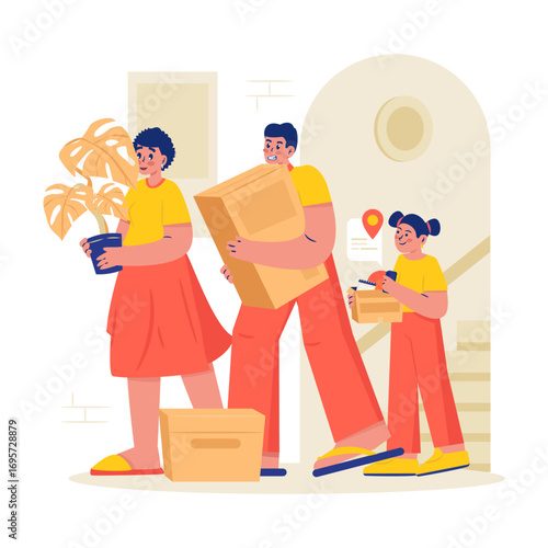 Family Carrying Boxes for House Relocation Vector Illustration
