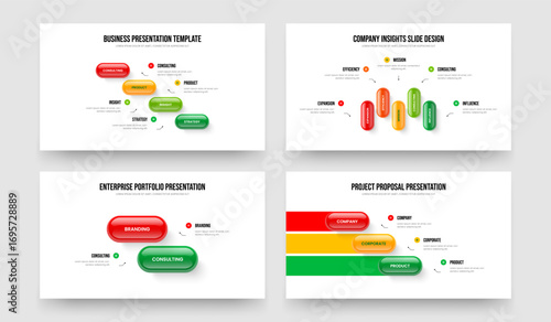 Corporate Review Four Five Two Three Step Diagram Frame Design Vector Illustration Set. Consulting Profile 4 5 2 3 Element Infographic Presentation Layout Collection.