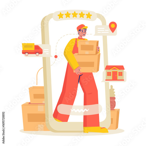 Online Moving Service Worker Carrying Boxes Vector Illustration