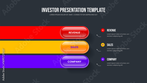 Modern Report 3 Element Diagram Slide Design. Enterprise Profile Three Option Infographic Frame Layout. Digital Review Slideshow Template Vector Illustration.