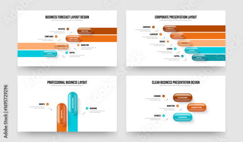 Corporate Launch 4 5 2 3 Element Infographic Presentation Design Bundle. Product Growth Four Five Two Three Option Diagram Slideshow Template Vector Illustration Collection.