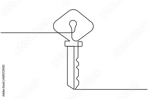 Continuous line art of a key with label icon for security and access concept