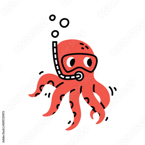 Cute Octopus with Snorkeling Tube Underwater Animal Vector Illustration