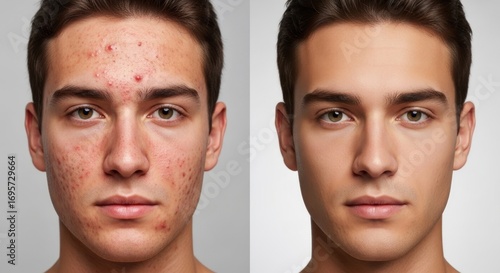 Before and after image showing a man's face with acne and then clear skin after treatment.