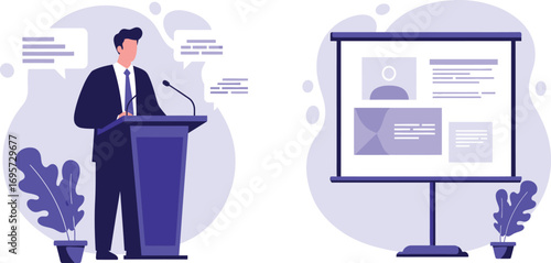 a man speaking at podium beside presentation board with plants