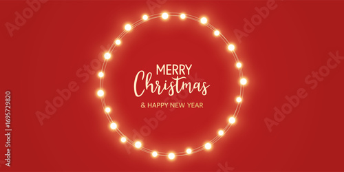Christmas gold light circle frame. Fairy bulb red banner. New Year luxury string garland. Winter party background. Led neon baubles. Festive border. Glow lamp bg. Glitter bright. Vector illustration